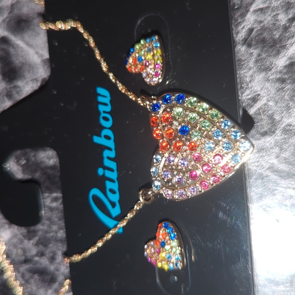 RAINBOW Heart Jewelry Set Necklace & Earrings NWT